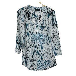 Le chateau  blue white abstract print 3/4 sleeve blouse notch V neck